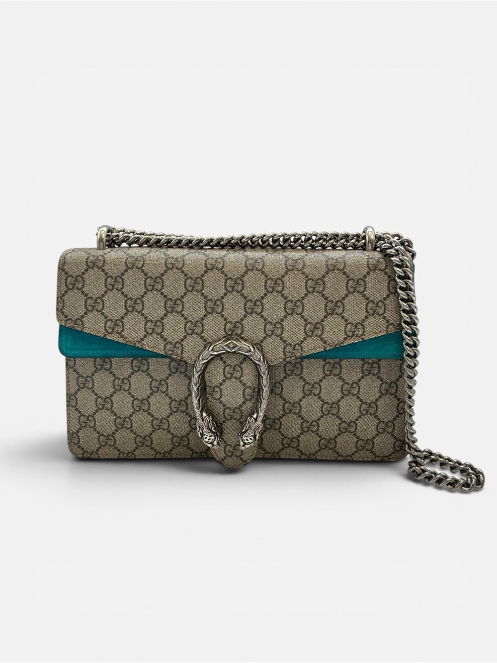 Gucci GG Supreme Crossbody with Teal Accent and Silver Chain